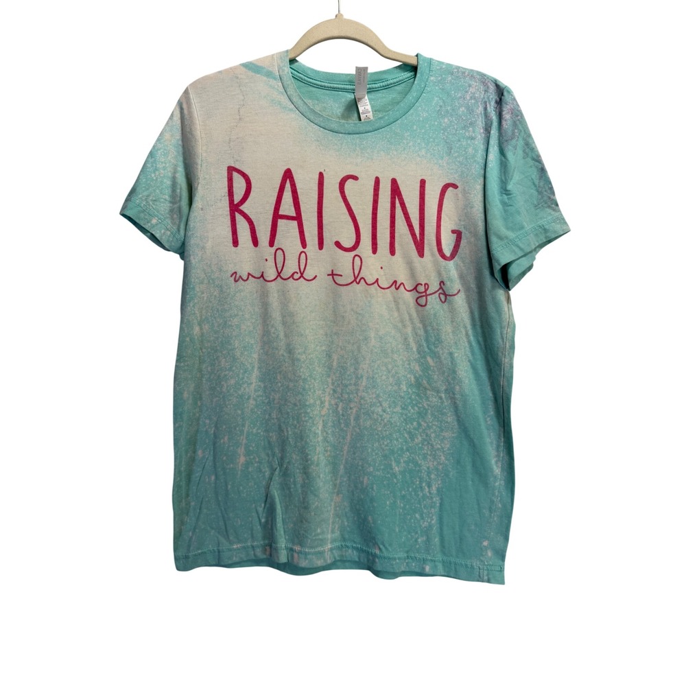 Bella Canvas Raising Wild Things Bleached Graphic Tee Turquoise Pink Womens M